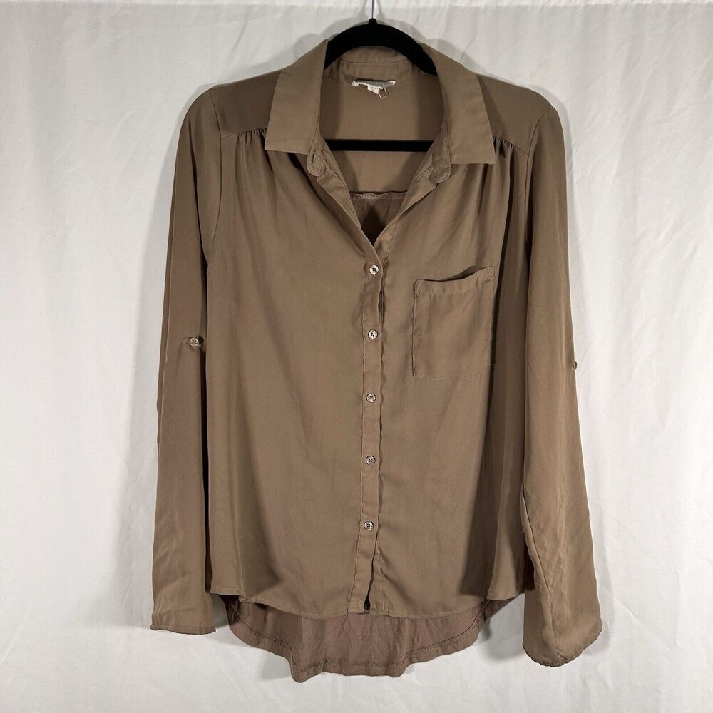 Pleione Blouse Women's Medium Brown Button Up Long Sleeve Collared